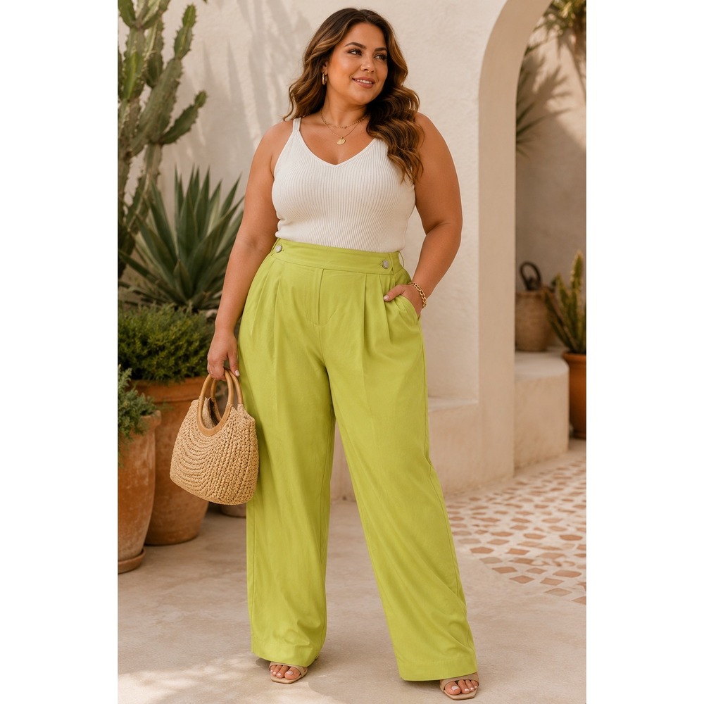 Calvin Klein Highline Women's Plus Size 22W Chartreuse Pleated Wide Leg Pants